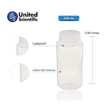 United Scientific® Unistore™ - Sample Containers with Lids - Laboratory Grade Polypropylene Wide Mouth Reagent Bottle - 16 Oz Bottles (500ml) Multipurpose Plastic Bottles with Lids, Pack of 12