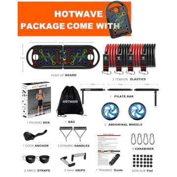 HOTWAVE Portable Exercise Equipment with 16 Gym Accessories.20 in 1 Push Up Board Fitness,Resistance Bands with Ab Roller Wheel,Pilates Bar. Strength Training for Man,Full Body Workout Machine at Home, BLACK ULTIMATE KIT