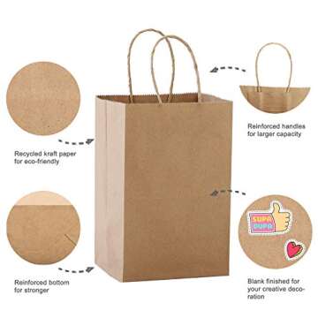 MESHA 50 Pcs Brown Kraft Paper Gift Bags with Handles 8"x4.75"x10.5", Bulk Paper Grocery Shopping Bags, Paper Bags for Party, Wedding, Retail, Business, Boutique