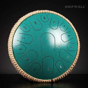 HOPWELL Steel Tongue Drum - 13 Inches 15 Notes Tongue Drum - Hand Pan Drum with Music Book, Handpan Drum Mallets and Carry Bag, D Major (Malachite Green)