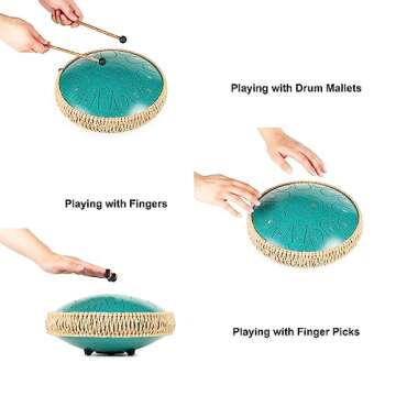 HOPWELL Steel Tongue Drum - 13 Inches 15 Notes Tongue Drum - Hand Pan Drum with Music Book, Handpan Drum Mallets and Carry Bag, D Major (Malachite Green)