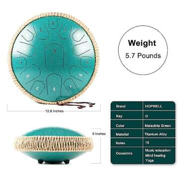 HOPWELL Steel Tongue Drum - 13 Inches 15 Notes Tongue Drum - Hand Pan Drum with Music Book, Handpan Drum Mallets and Carry Bag, D Major (Malachite Green)