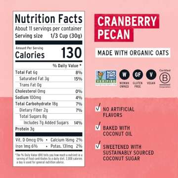 Purely Elizabeth Ancient Grain Granola, Certified Gluten-free, Vegan & Non-GMO | Coconut Sugar | Delicious Healthy Snack | Cranberry Pecan | 12oz