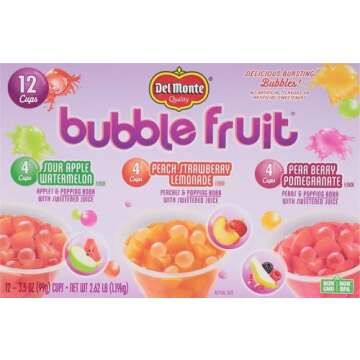 Del Monte Bubble Fruit Snacks Variety Pack, Sour Apple Watermelon, Peach Strawberry Lemonade, Pear Berry Pomegranate, 3.5oz (12 Count) | Popping Boba Pearls, Lunch Snacks, Fruit Cups