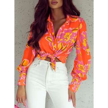 EVALESS Womens Tops Dressy Casual Summer Outfits Long Sleeve Blouses for Women Business Casaul Fall Tops Fashion 2025 Orange Button Down Shirt Sexy V Neck Clothes for Work Cute Floral Shirts,Large