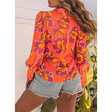 EVALESS Womens Tops Dressy Casual Summer Outfits Long Sleeve Blouses for Women Business Casaul Fall Tops Fashion 2025 Orange Button Down Shirt Sexy V Neck Clothes for Work Cute Floral Shirts,Large