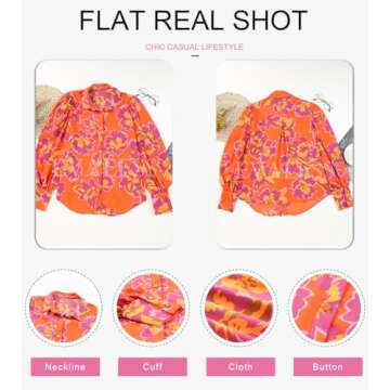 EVALESS Womens Tops Dressy Casual Summer Outfits Long Sleeve Blouses for Women Business Casaul Fall Tops Fashion 2025 Orange Button Down Shirt Sexy V Neck Clothes for Work Cute Floral Shirts,Large