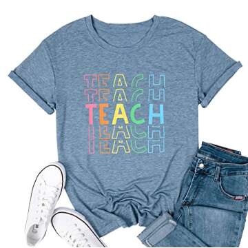 Teacher Shirts Women Back to School Tees Tops Funny Kindergarten Teaching Life Shirts Appreciation Casual Crew Neck Tops Blue