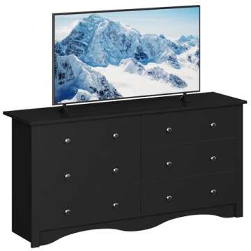 Furmax TV Stand, Entertainment Center with 6 Wood Drawers for Bedroom, Media Console Table for TV up to 65 inch, Double Dresser for Living Room Hallway Entryway (Black)