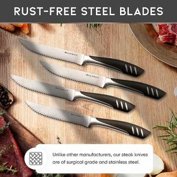 Bellemain Premium Steak Knives Set of 8, Kitchen Knife Sets with Steel Blades for Precise Cutting, Lightweight Steak Knife Set Stainless Steel & Durable, Serrated Steak Knives Dishwasher Safe