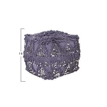 Creative Co-Op Eggplant Moroccan Wedding Quilt Fringe & Sequins Pouf, Purple