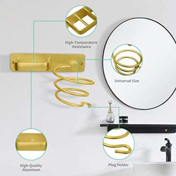 Gold Hair Dryer Holder,Blow Dryer Holder Wall Mounted,Bathroom Bedroom Hair Care Styling Tools Organizer for Flat Iron,Curling Wand,Hair Straightener