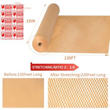 Honeycomb Packaging Paper, 15" x 135' Packing Paper Recyclable Moving Supplies Bubble Cushion Wrapping Paper Packing for Dishes Shipping Protective Roll for Protecting Fragile Items