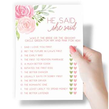 Printed Party Bridal Shower Games – He Said She Said Game with Fun Bride and Groom Trivia, Wedding Shower Activity, Pink Floral Design, 50 Guests