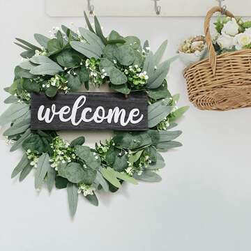 Dremisland 18" Green Leaves Welcome Wreath for Front Door-Farmhouse Welcome Sign Festival Ornaments Home Decor | Ideal Spring & Summer Decorating for Home Front Door and Window Outdoor Use (Black)