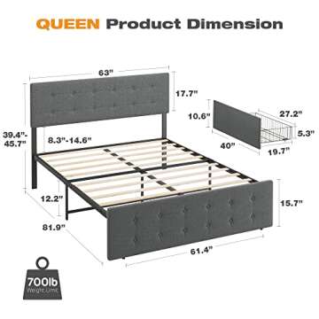 Alkmaar Queen Size Platform Bed Frame with 4 Storage Drawers,Grey Queen Size Upholstered Platform Bed Frame with Headboard and Wooden Slats Support No Box Spring Needed (Queen)