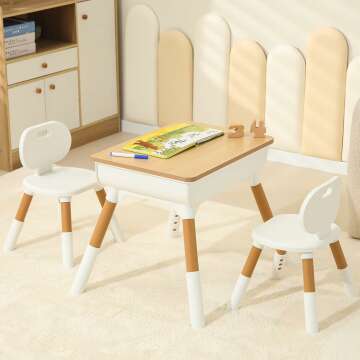 Kids Study Desk & Chair Set - Adjustable Graffiti Design, Storage Space Included