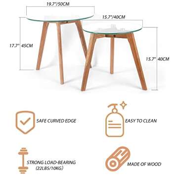 Estleys Round Nesting End Tables, Set of 2 Minimalist Coffee Table, Side Table with Tempered Glass Top & Natural Wooden Legs, Modern Furniture for Living Room, Small Space(Set)