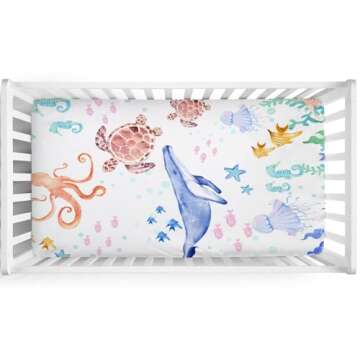 Ocean Animals Corals Sea Weeds Baby Crib Sheet 52''x28'' Colorful Nautical Life Fitted Crib Mattress Covers for Boy Girl Nursery Toddler Baby Bed Sheet Fits Standard Crib Toddler Mattress