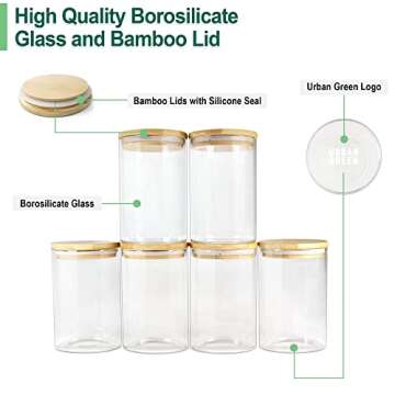 Urban Green Glass Jars with Bamboo Lids, Glass Airtight Canisters sets, Glass Food Storage Container, Pantry Organization and Storage Jars, Kitchen Canisters Sets, Spice Jars, Flour Containers of 6