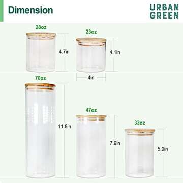 Urban Green Glass Jars with Bamboo Lids, Glass Airtight Canisters sets, Glass Food Storage Container, Pantry Organization and Storage Jars, Kitchen Canisters Sets, Spice Jars, Flour Containers of 6