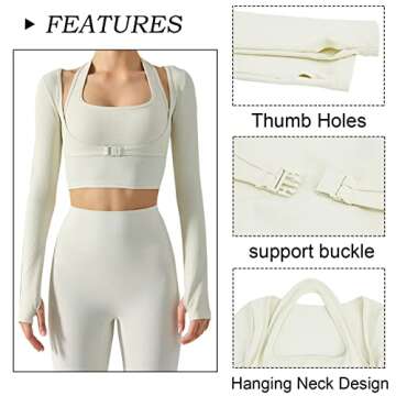 Women's Halter Crop Top Long Sleeve Workout Yoga Tank Top Ribbed Training Fitness Gym Sports Bra Padded Athletic Running Shirt Cropped Tank Top Beige White