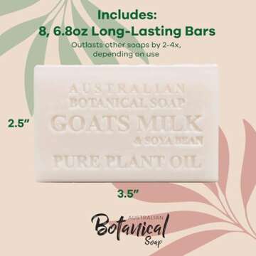 Australian Botanical Soap 7 OZ, Pack of 8, Goat Milk Soap Bars with Soya Bean Oil, Enriched with Organic Shea Butter, Suitable for All Skin Types