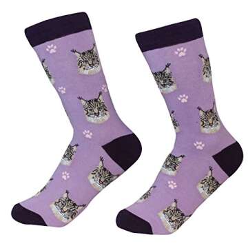 E&S Pets Maine Coon Socks - Fun Unisex Socks - Crazy Pet Lover - Novelty Socks Funny Gifts for Cat Lovers - Cute Cat Pattern - Casual Crew Socks - One Size Fits most