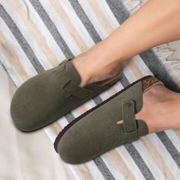 ODOLY Women's Suede Clogs Soft Cork Footbed Leather Mules Comfort Potato Shoes with Arch Support, Army Green 36