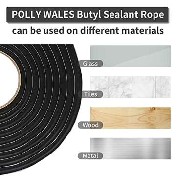 POLLY WALES 15 FT Multi-Purpose Butyl Sealant Rope Butyl Sealant Tape Rubber Caulk Tape for Car, RV, Marine -3/8" x 1/2" x 15'(4.5 m)