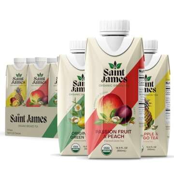 Saint James Iced Tea - Organic Green Tea - Non GMO, Gluten Free, Low Calorie & Low Sugar - Variety Green Tea Flavors, 12 Pack (16.9 fl oz each)