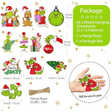 Christmas Tree Decorations - 24Pcs Wood Grinchs Christmas Tree Hanging Ornament Holiday Xmas Ornaments Grinchs Christmas Decorations Decor Home Indoors