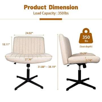 Indulgear Armless Office Desk Chair No Wheels, Ergonomic Cross Legged Home Office Desk Chair, Fabric Padded Height Adjustable Swivel Computer Task Chair, Wide Seat Vanity Office Chair(Beige)