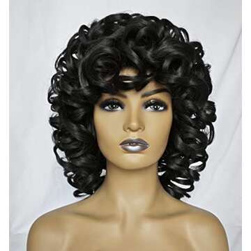 KEAT Curly Wigs for Black Women Short Big Curly Kinky Wigs for Women Afro Wavy Black Mixed Brown Wig with Bangs Cute Natural Synthetic Wigs for African American Women K001BKA