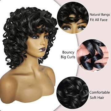 KEAT Curly Wigs for Black Women Short Big Curly Kinky Wigs for Women Afro Wavy Black Mixed Brown Wig with Bangs Cute Natural Synthetic Wigs for African American Women K001BKA