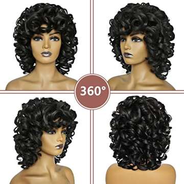 KEAT Curly Wigs for Black Women Short Big Curly Kinky Wigs for Women Afro Wavy Black Mixed Brown Wig with Bangs Cute Natural Synthetic Wigs for African American Women K001BKA