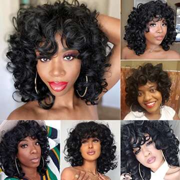 KEAT Curly Wigs for Black Women Short Big Curly Kinky Wigs for Women Afro Wavy Black Mixed Brown Wig with Bangs Cute Natural Synthetic Wigs for African American Women K001BKA