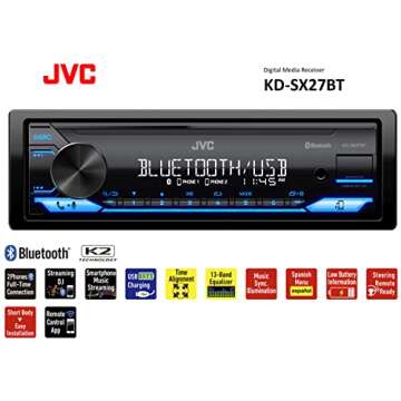 JVC KD-SX27BT Car Stereo with Bluetooth, 100W Digital Media Receiver, 1.5A USB to Charge Devices, Single DIN Head Unit, AM/FM, Aux-in, JVC Remote App