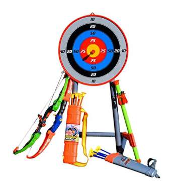 Bow and Arrow for Kids, Archery Toy Set, 2 Bows & 1 Blowing Bow & 12 Arrows & 5 Quivers & Standing Target, Outdoor Toys for Children Boys Girls