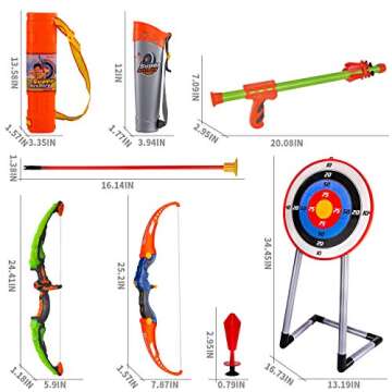 Bow and Arrow for Kids, Archery Toy Set, 2 Bows & 1 Blowing Bow & 12 Arrows & 5 Quivers & Standing Target, Outdoor Toys for Children Boys Girls