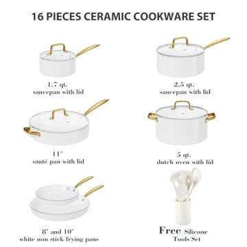 Ceramic Cookware Set, VONIKI 16 Pcs Pots and Pans Set Non Stick, Kitchen Cookware Sets with Cooking Utensils Set, Non Toxic Cookware Set White Gold Pan Set for Cooking Pot Oven & Dishwasher Safe, Gift