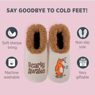 Snoozies Slipper Socks for Women, Animal Slippers with Soft Non-Slip Sole, Warm Cozy House Slippers Indoor, Fuzzy Slipper Socks with Grips for Women, Sock Slippers - Bearly Awake - Small