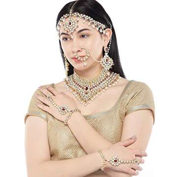 Aheli Classic Bollywood Style Indian Bridal Choker Necklace Matha Patti Nose Ring Haath Phool Wedding Fashion Jewelry Set for Women (Blue) (Pink)