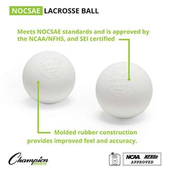 Champion Sports Colored Lacrosse Balls: White Official Size Sporting Goods Equipment for Professional, College & Grade School Games, Practices & Recreation - NCAA, NFHS and SEI Certified - 2 Pack