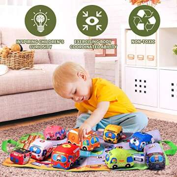 ALASOU 9 PCS Soft Car Toys with Playmat/Storage Bag|1st Birthday Gifts for Toddler Toys Age 1-2|Baby Toys for 1 2 3 Year Old Boy|1 2 Year Old Boy Birthday Gift for Infant Toddlers