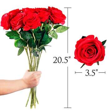 Mocoosy 12PCS Red Roses Artificial Silk Flowers, Fake Roses with Long Stems Realistic Faux Rose Bouquets for Wedding Decorations Bridal Shower Floral Arrangements Party Home Table Decor