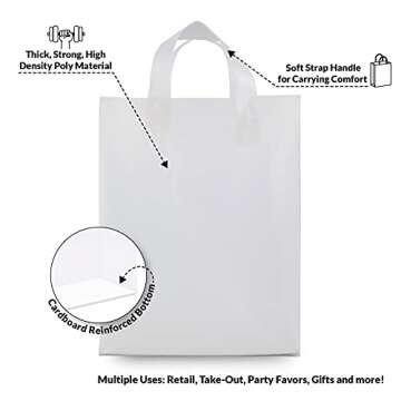 Plastic Bags with Handles - 10x5x13 Inch 100 Pack Medium Frosted White Gift Bags with Cardboard Bottom, Clear Shopping Totes in Bulk for Retail Stores, Merchandise, Small Business, Boutiques, Take Out