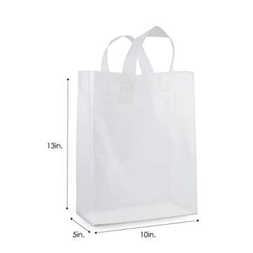 Plastic Bags with Handles - 10x5x13 Inch 100 Pack Medium Frosted White Gift Bags with Cardboard Bottom, Clear Shopping Totes in Bulk for Retail Stores, Merchandise, Small Business, Boutiques, Take Out