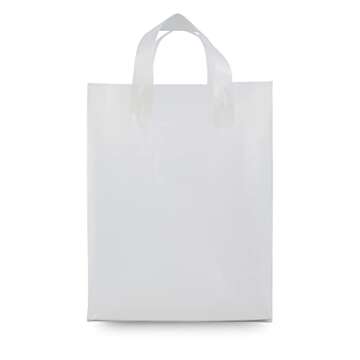 Plastic Bags with Handles - 10x5x13 Inch 100 Pack Medium Frosted White Gift Bags with Cardboard Bottom, Clear Shopping Totes in Bulk for Retail Stores, Merchandise, Small Business, Boutiques, Take Out