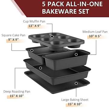 LINKLIFE Baking Pans Set for Oven Baking, Bakeware Sets 6-Piece Includes Cup Cake Pan, Square Pan, Cookie Sheet, Deep Roasting Pan, Loaf Box, Nonstick Coating Baking Pan Dishwasher Safe